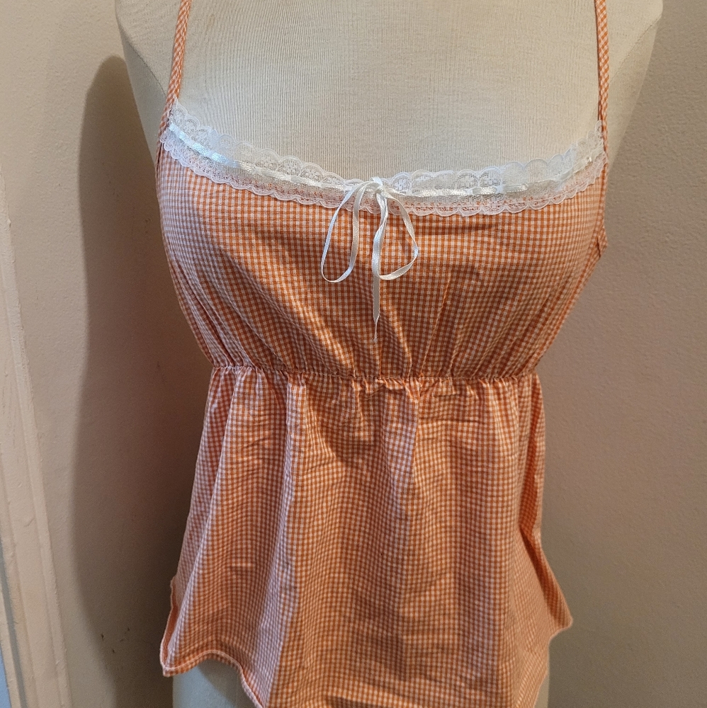 90's spaghetti string large top from French Kiss. Orange and white.